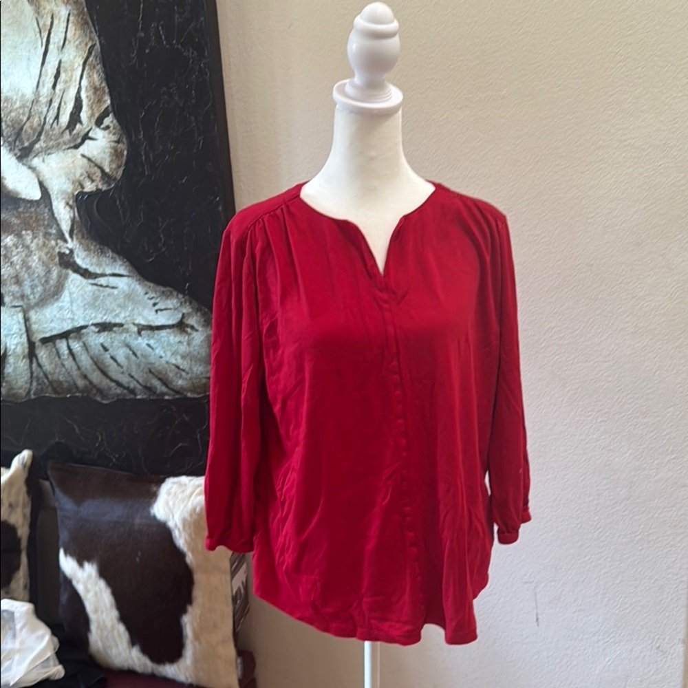 Lands' End Red 3/4 Sleeve Mandarin Collar Blouse
